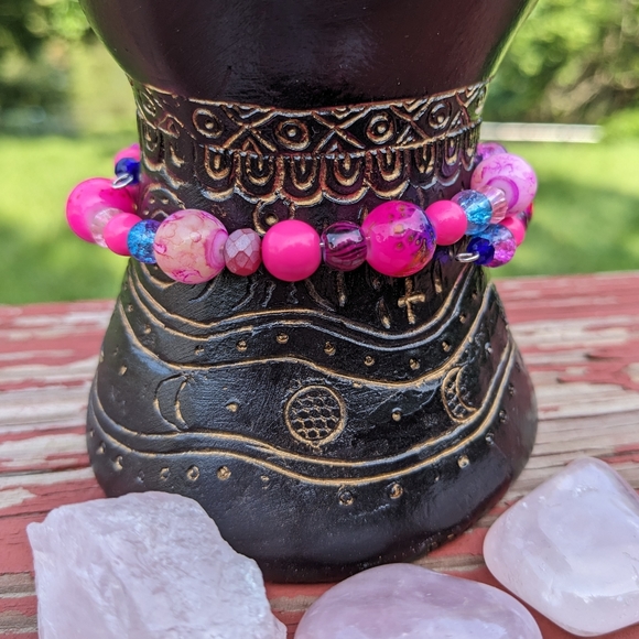 Hot Pink Beads Sparkly Bracelet Glam Cute Handmade Beads Barbie - Picture 12 of 14